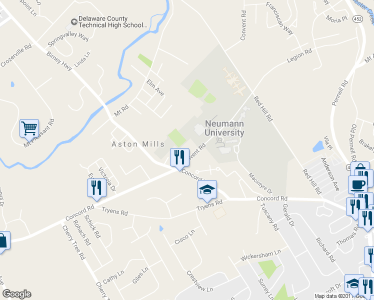 map of restaurants, bars, coffee shops, grocery stores, and more near 603 Convent Road in Aston