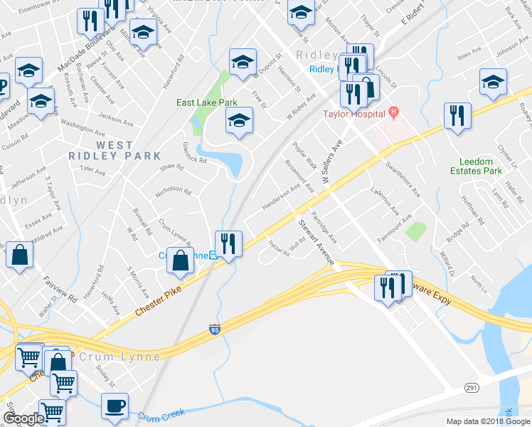 map of restaurants, bars, coffee shops, grocery stores, and more near 220 Henderson Avenue in Ridley Park
