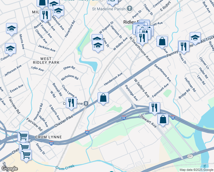 map of restaurants, bars, coffee shops, grocery stores, and more near 220 Henderson Avenue in Ridley Park