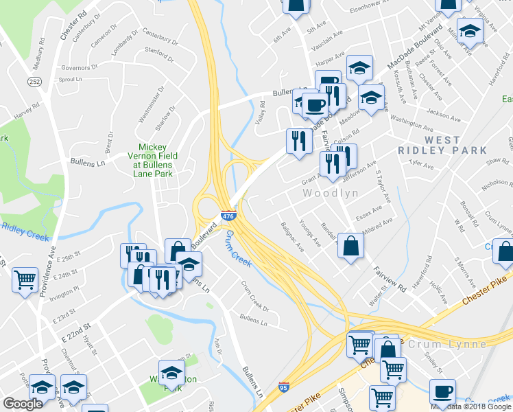 map of restaurants, bars, coffee shops, grocery stores, and more near 218 Elmwood Avenue in Woodlyn