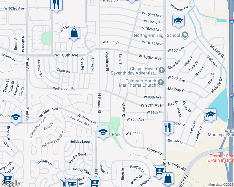 map of restaurants, bars, coffee shops, grocery stores, and more near 9773 Lane Street in Thornton