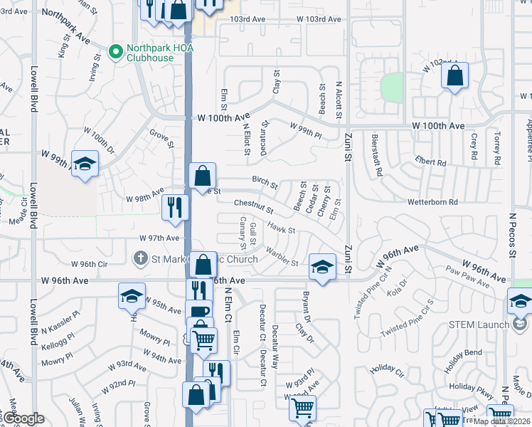 map of restaurants, bars, coffee shops, grocery stores, and more near 18 Chestnut Street in Federal Heights