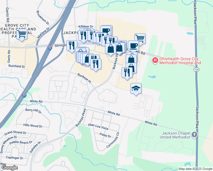map of restaurants, bars, coffee shops, grocery stores, and more near 4283 Waterside Place in Grove City