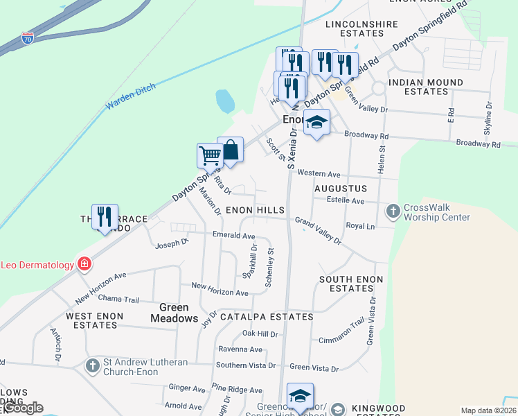 map of restaurants, bars, coffee shops, grocery stores, and more near 3702 Charlotte Drive in Enon