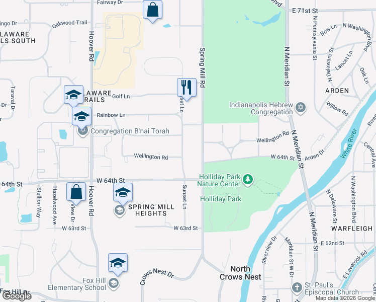 map of restaurants, bars, coffee shops, grocery stores, and more near 6471 Sunset Lane in Indianapolis