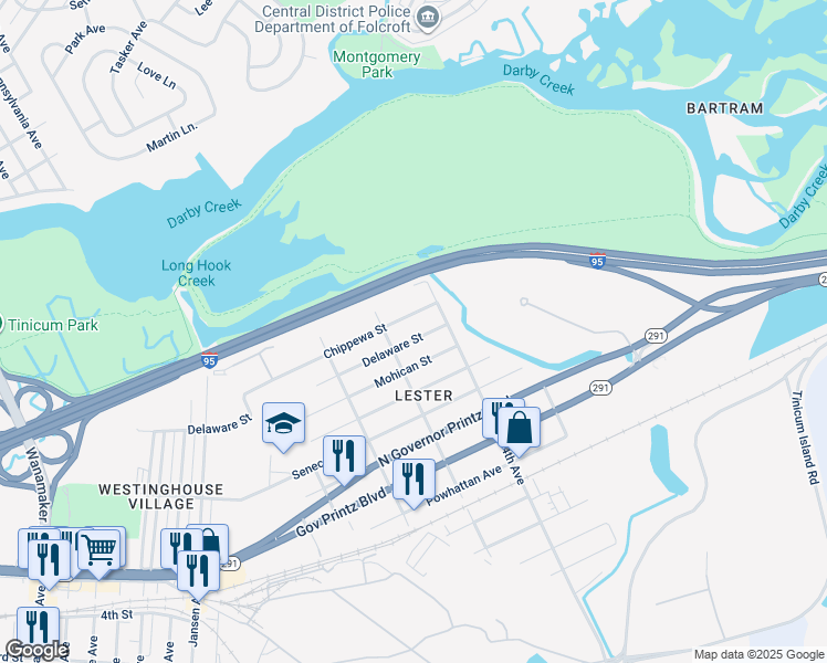 map of restaurants, bars, coffee shops, grocery stores, and more near 321 Delaware Street in Delaware County