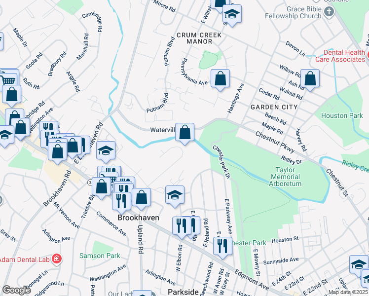 map of restaurants, bars, coffee shops, grocery stores, and more near 145 Meadowbrook Lane in Brookhaven