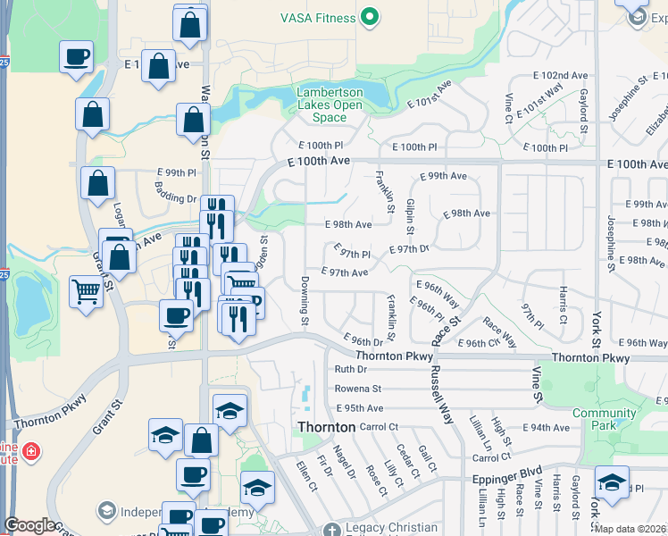 map of restaurants, bars, coffee shops, grocery stores, and more near 1278 East 97th Place in Thornton
