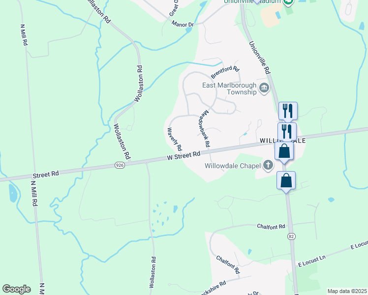 map of restaurants, bars, coffee shops, grocery stores, and more near 804 Waverly Road in Kennett Square