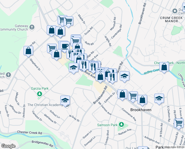 map of restaurants, bars, coffee shops, grocery stores, and more near 4 East Maple Avenue in Brookhaven