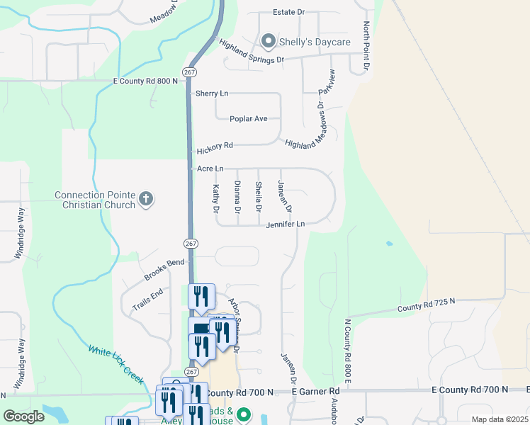 map of restaurants, bars, coffee shops, grocery stores, and more near 7623 Sheila Drive in Brownsburg