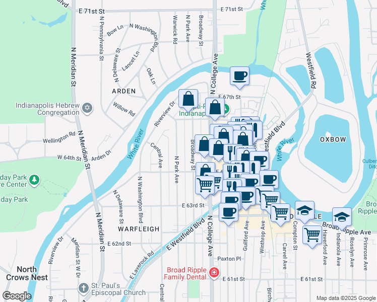 map of restaurants, bars, coffee shops, grocery stores, and more near 6460 Broadway Street in Indianapolis