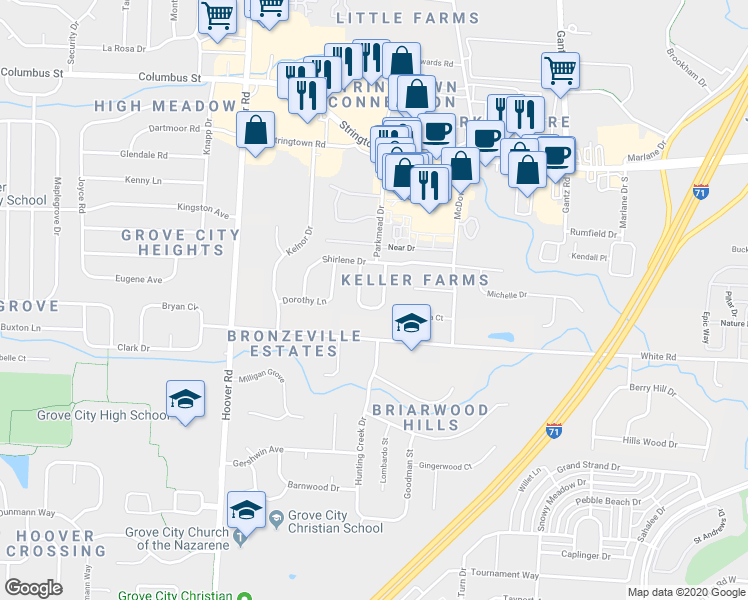 map of restaurants, bars, coffee shops, grocery stores, and more near 4381 Jeney Place in Grove City