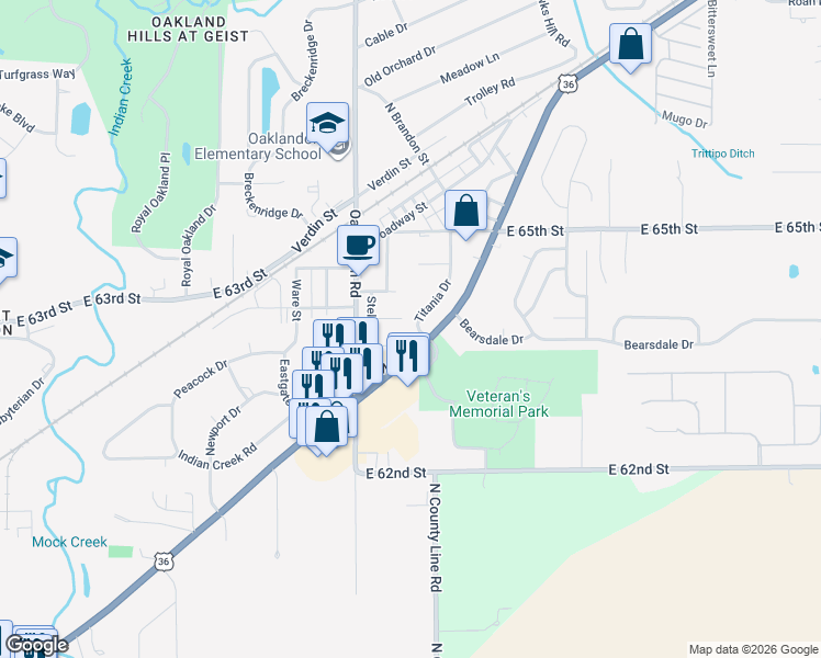 map of restaurants, bars, coffee shops, grocery stores, and more near 6414 Titania Drive in Indianapolis