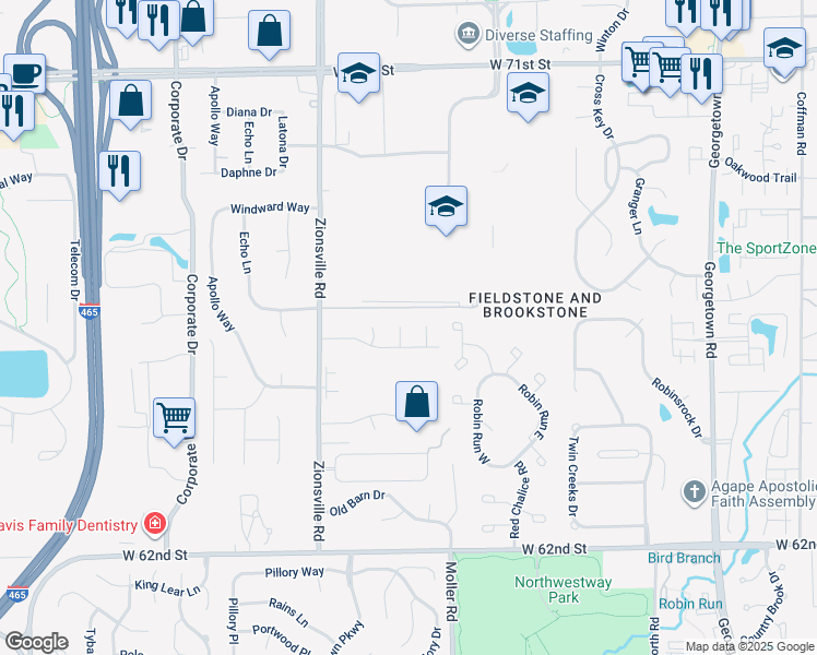map of restaurants, bars, coffee shops, grocery stores, and more near 6468 Schmus Court in Indianapolis