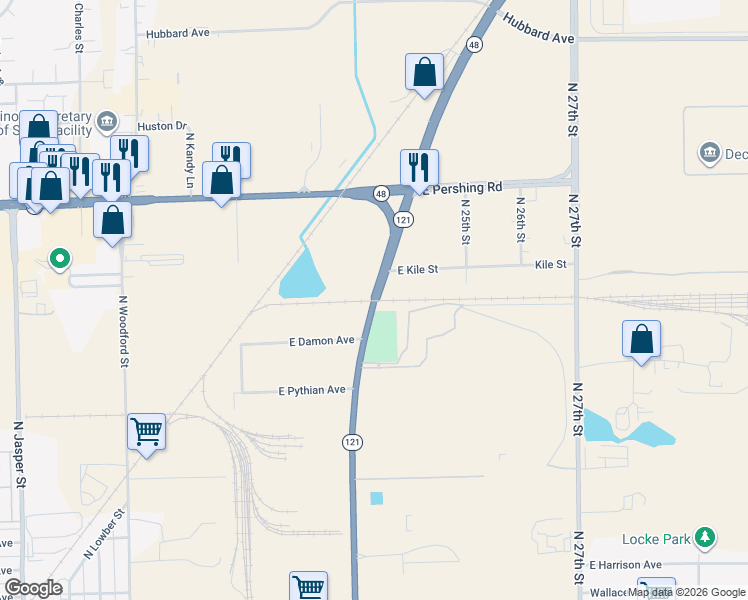 map of restaurants, bars, coffee shops, grocery stores, and more near Highway 121 in Decatur
