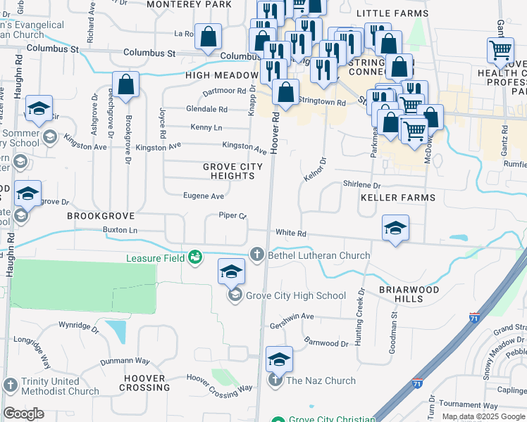 map of restaurants, bars, coffee shops, grocery stores, and more near 4371 Hoover Road in Grove City