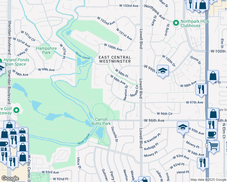 map of restaurants, bars, coffee shops, grocery stores, and more near 9777 Quitman Way in Westminster