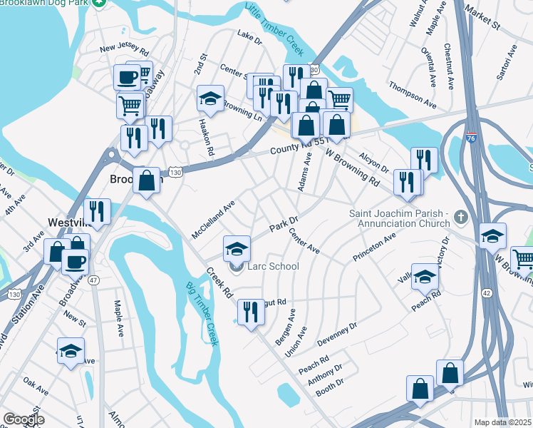 map of restaurants, bars, coffee shops, grocery stores, and more near 1133 Logan Avenue in Bellmawr