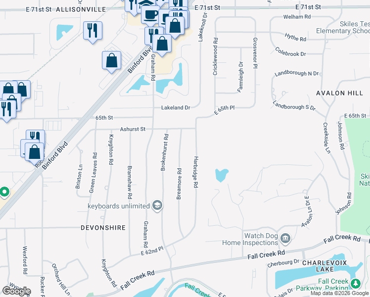 map of restaurants, bars, coffee shops, grocery stores, and more near 6447 Breamore Road in Indianapolis