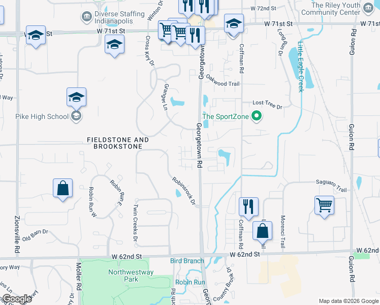 map of restaurants, bars, coffee shops, grocery stores, and more near 4962 Potomac Square Place in Indianapolis