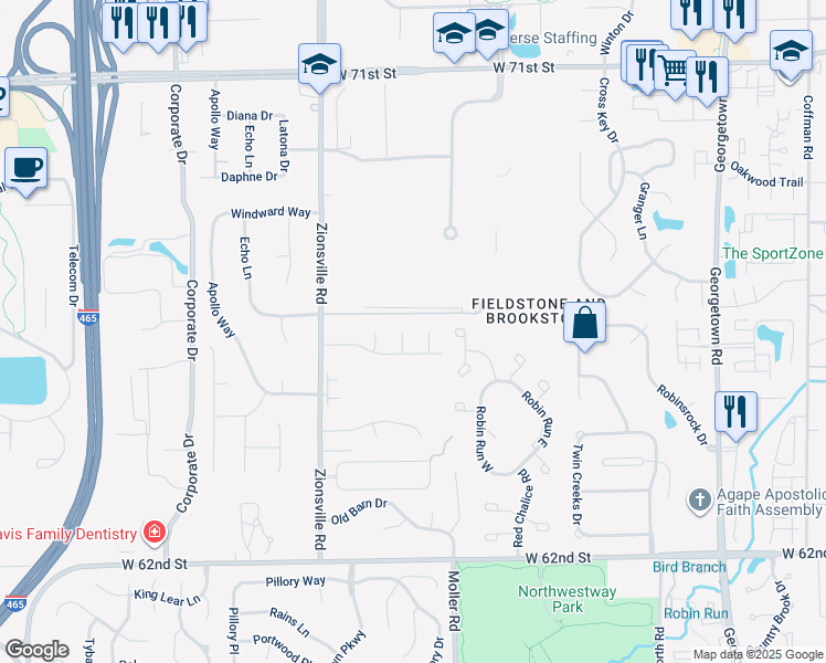 map of restaurants, bars, coffee shops, grocery stores, and more near 6468 Schmus Court in Indianapolis