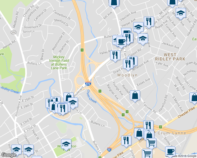 map of restaurants, bars, coffee shops, grocery stores, and more near 222 Elmwood Avenue in Woodlyn