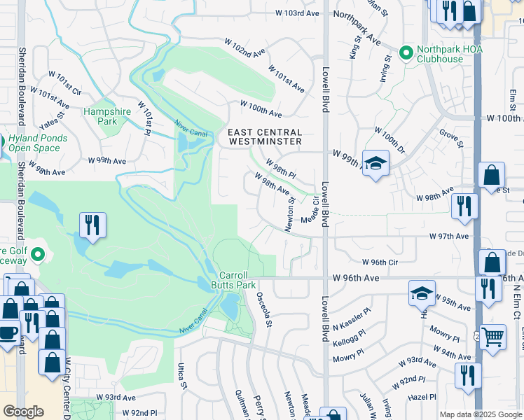 map of restaurants, bars, coffee shops, grocery stores, and more near 9777 Quitman Way in Westminster