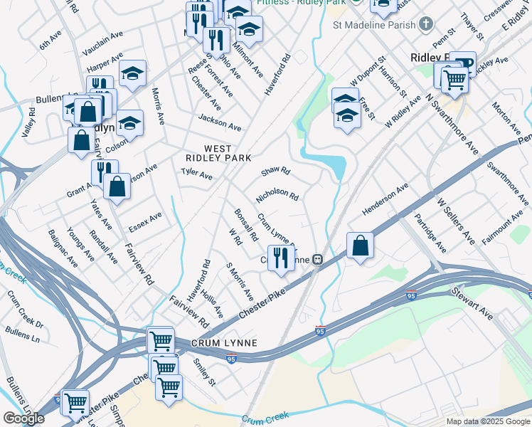 map of restaurants, bars, coffee shops, grocery stores, and more near 501 Crum Lynne Road in Ridley Park