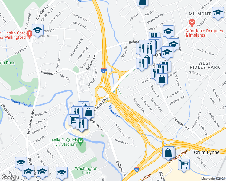 map of restaurants, bars, coffee shops, grocery stores, and more near MacDade Boulevard in Woodlyn