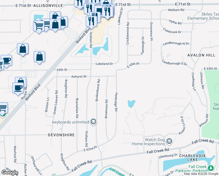 map of restaurants, bars, coffee shops, grocery stores, and more near 6447 Breamore Road in Indianapolis
