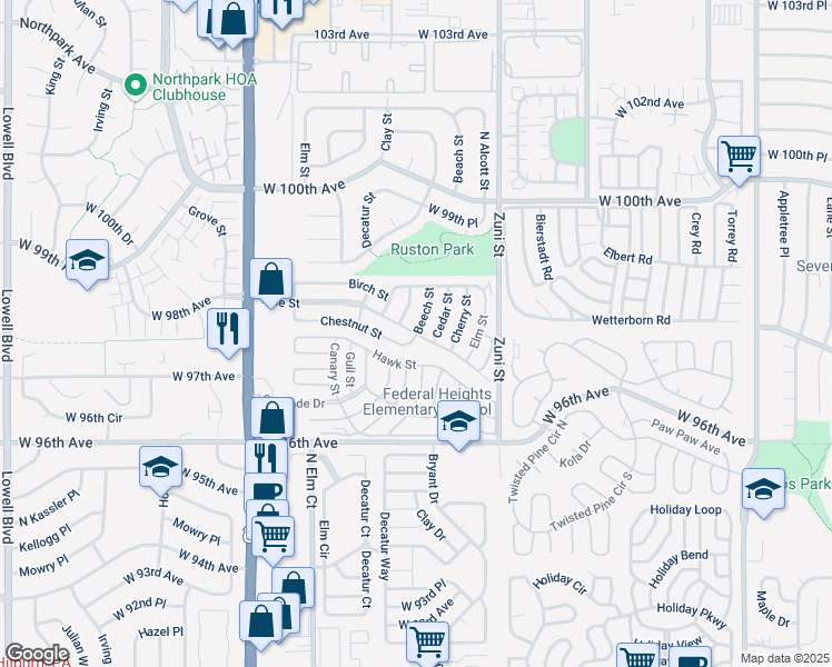 map of restaurants, bars, coffee shops, grocery stores, and more near 1801 Chestnut Street in Denver