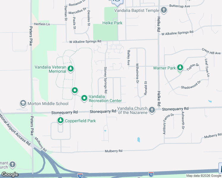 map of restaurants, bars, coffee shops, grocery stores, and more near 1324 Stoney Springs Road in Vandalia