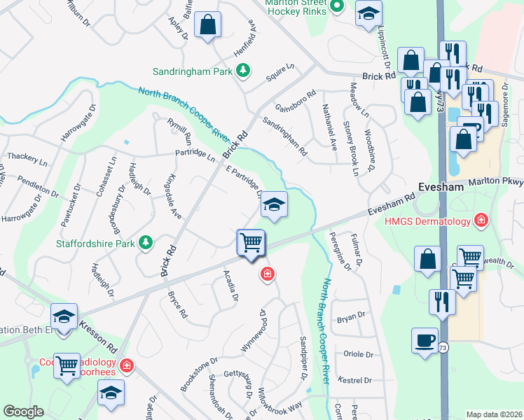 map of restaurants, bars, coffee shops, grocery stores, and more near 144 East Partridge Lane in Cherry Hill