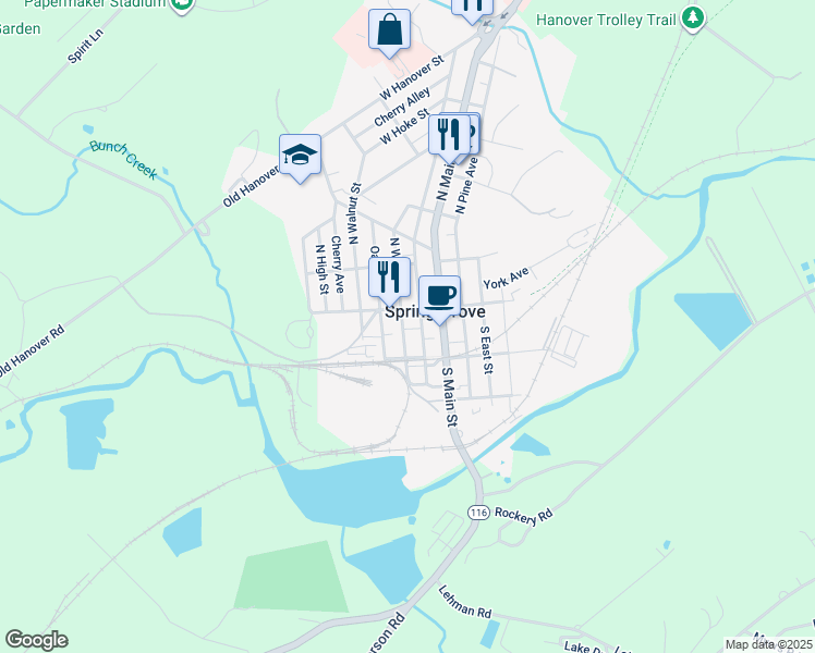 map of restaurants, bars, coffee shops, grocery stores, and more near 35 South Water Street in Spring Grove