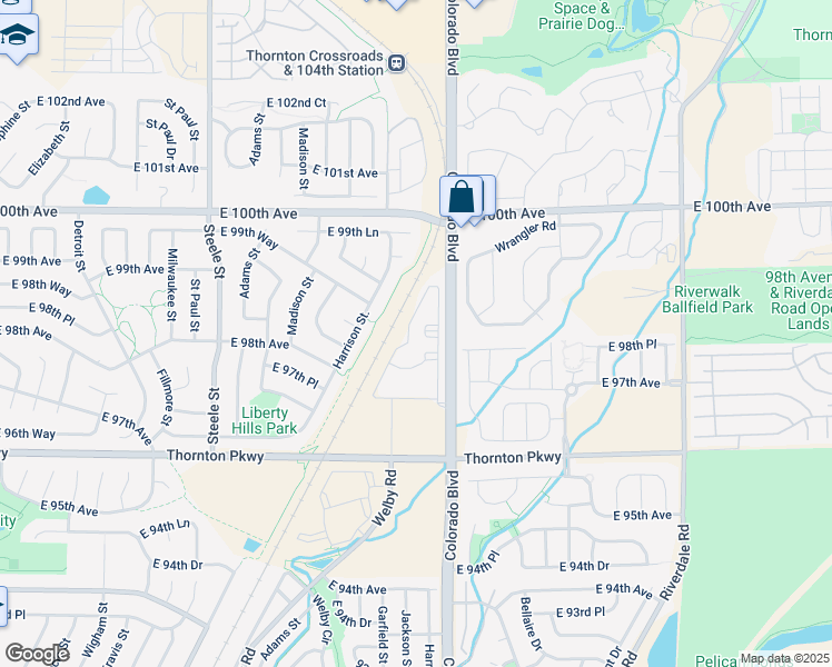 map of restaurants, bars, coffee shops, grocery stores, and more near 9700 Welby Road in Thornton