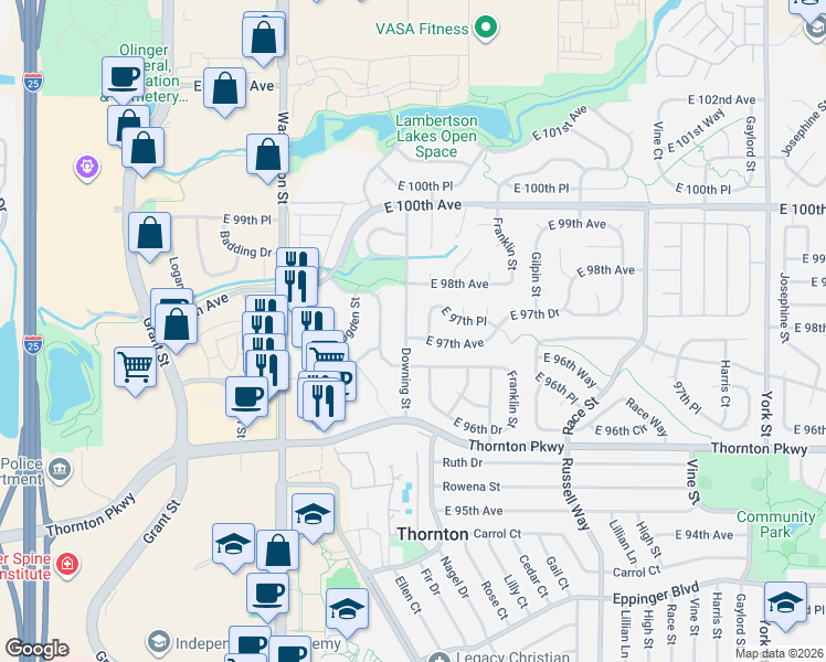 map of restaurants, bars, coffee shops, grocery stores, and more near 9743 Downing Street in Thornton