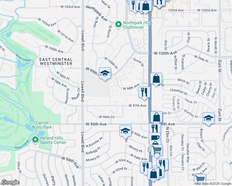 map of restaurants, bars, coffee shops, grocery stores, and more near 3390 West 98th Place in Westminster