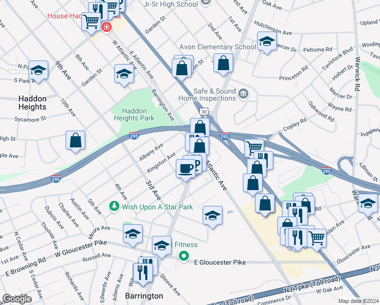 map of restaurants, bars, coffee shops, grocery stores, and more near 312 Barrington Avenue in Barrington