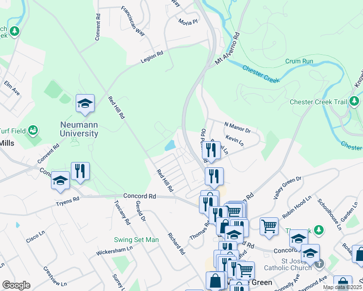 map of restaurants, bars, coffee shops, grocery stores, and more near 409 White Sands Drive in Media