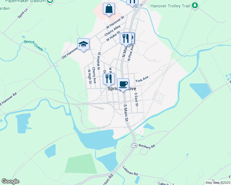 map of restaurants, bars, coffee shops, grocery stores, and more near 35 South Water Street in Spring Grove