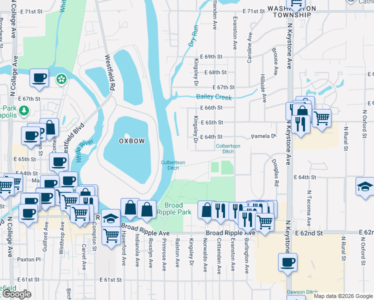 map of restaurants, bars, coffee shops, grocery stores, and more near 6422 North Ralston Avenue in Indianapolis
