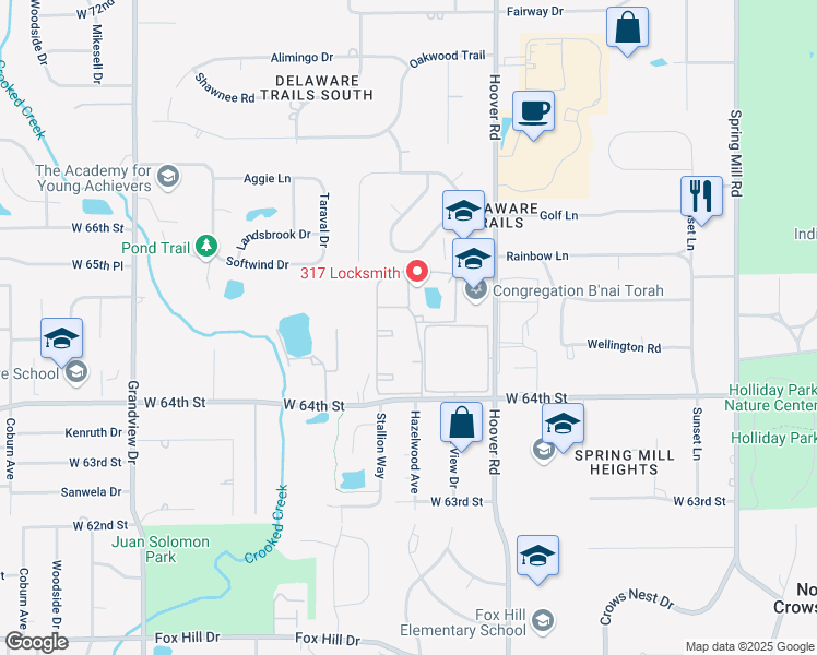 map of restaurants, bars, coffee shops, grocery stores, and more near 915 Hoover Village Drive in Indianapolis
