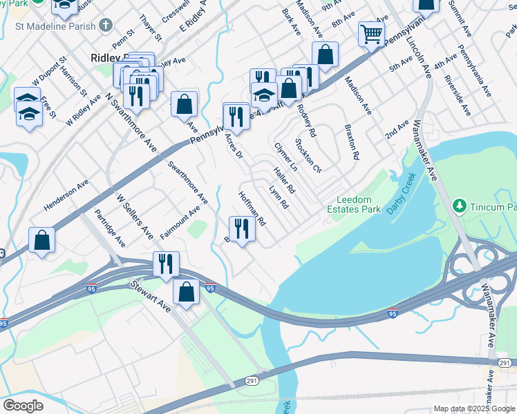 map of restaurants, bars, coffee shops, grocery stores, and more near 224 Hoffman Road in Ridley Park