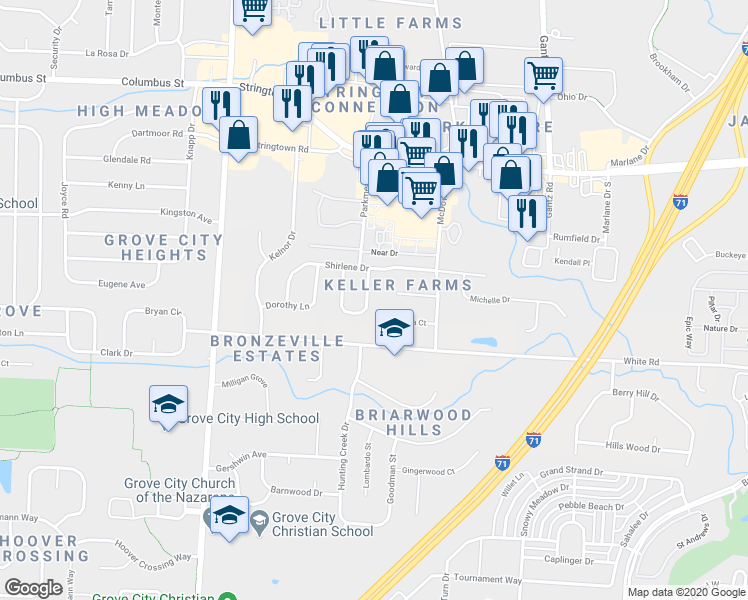 map of restaurants, bars, coffee shops, grocery stores, and more near 4356 Jeney Place in Grove City