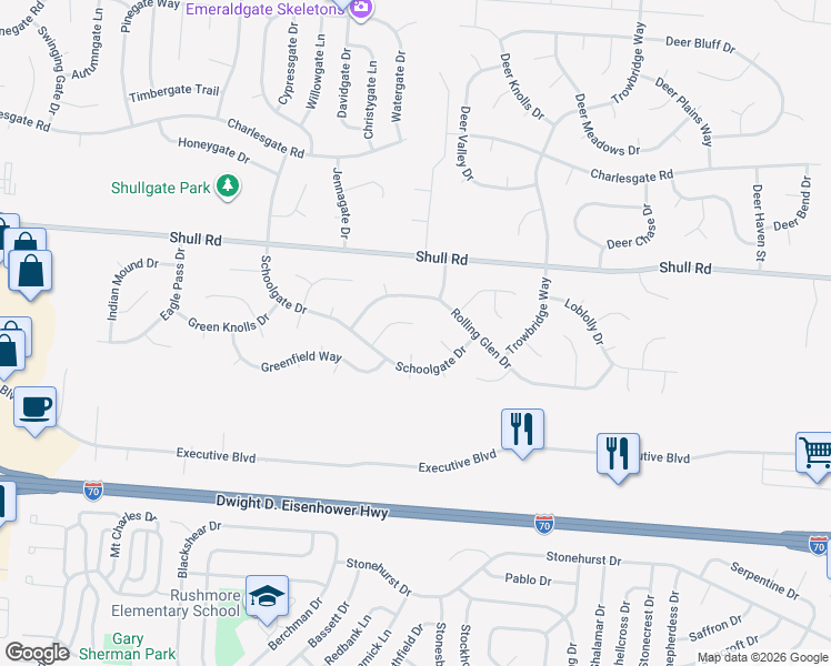map of restaurants, bars, coffee shops, grocery stores, and more near 6385 Nightwind Court in Dayton