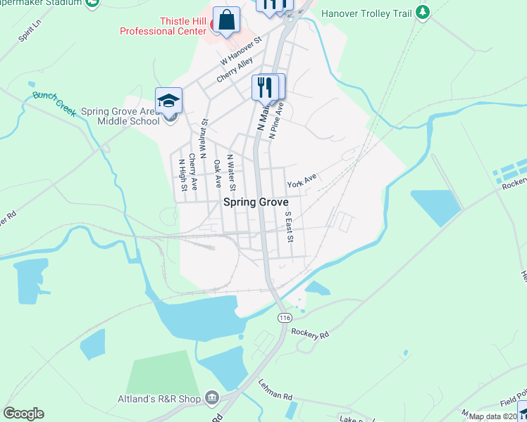 map of restaurants, bars, coffee shops, grocery stores, and more near 29 South Main Street in Spring Grove