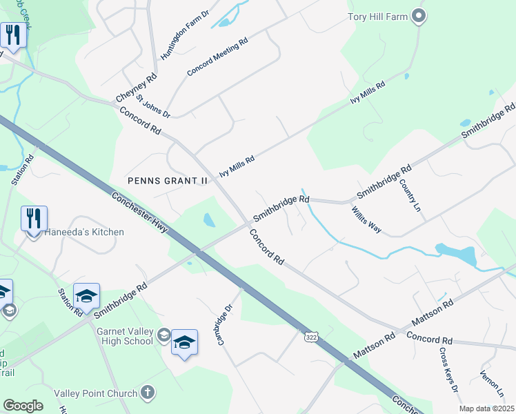 map of restaurants, bars, coffee shops, grocery stores, and more near 421 Smithbridge Road in Glen Mills