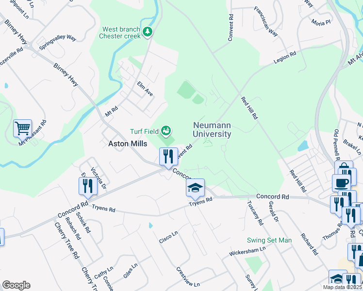 map of restaurants, bars, coffee shops, grocery stores, and more near 603 Convent Road in Aston