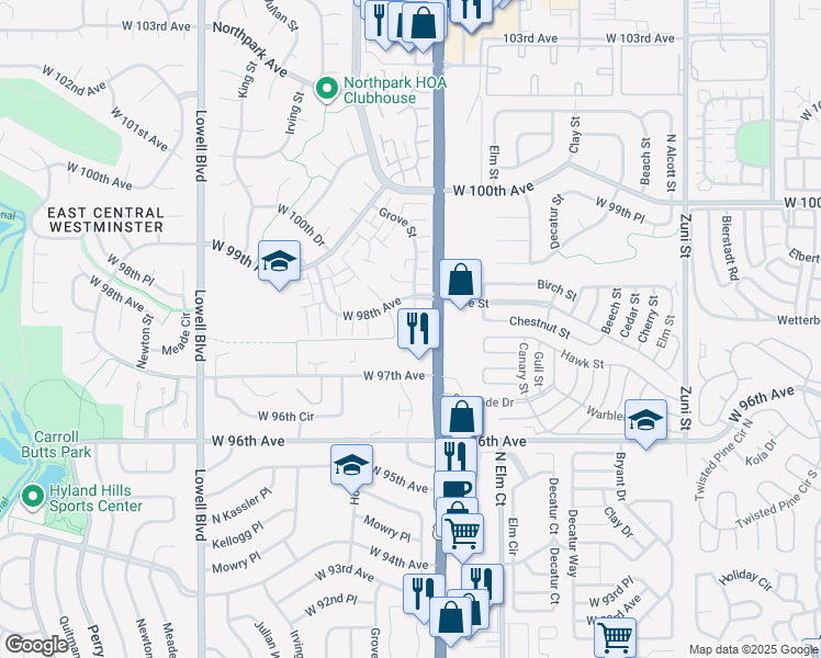 map of restaurants, bars, coffee shops, grocery stores, and more near 9786 Hooker Court in Westminster